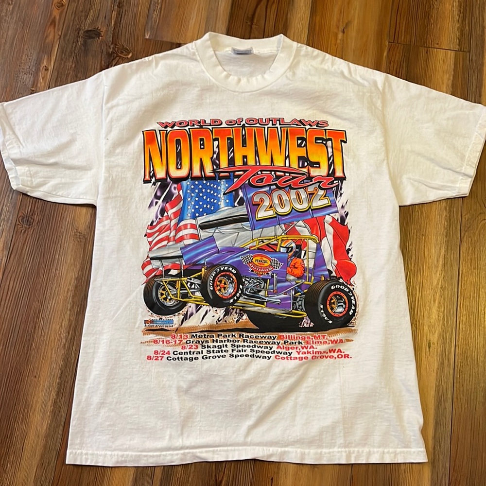 Northwest Outlaws T-shirt L Racing Shirt 2002 Flag Front Back Design OR WA MT